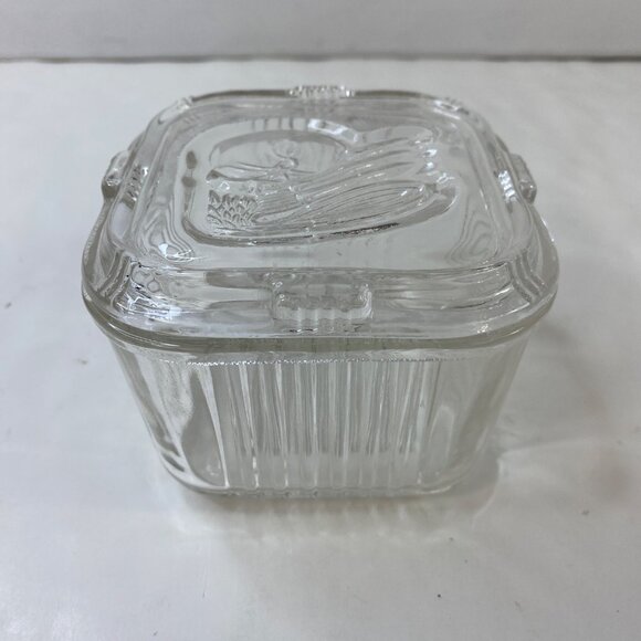 Federal Glass Ribbed Refrigerator Container Dish Lid Embossed Vegetable Motif - Picture 1 of 9
